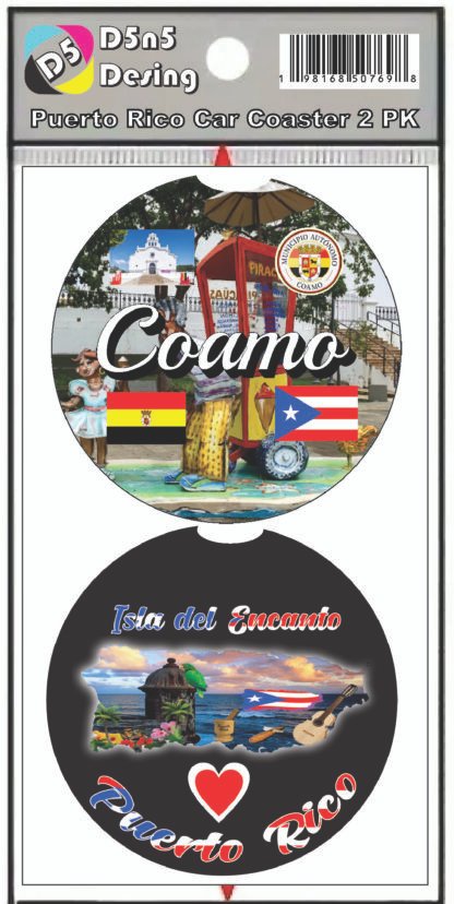 Coamo Puerto Rico Print 2pc Car Coasters Round Rubber 2.75in/5mm - Image 3